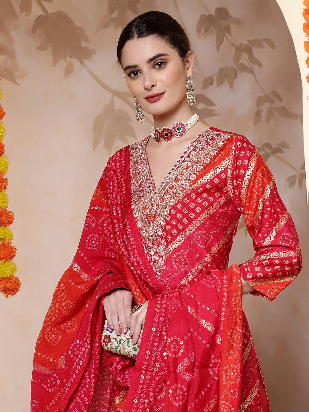 Bandhani Embroidered Straight Kurta & Trousers Sets