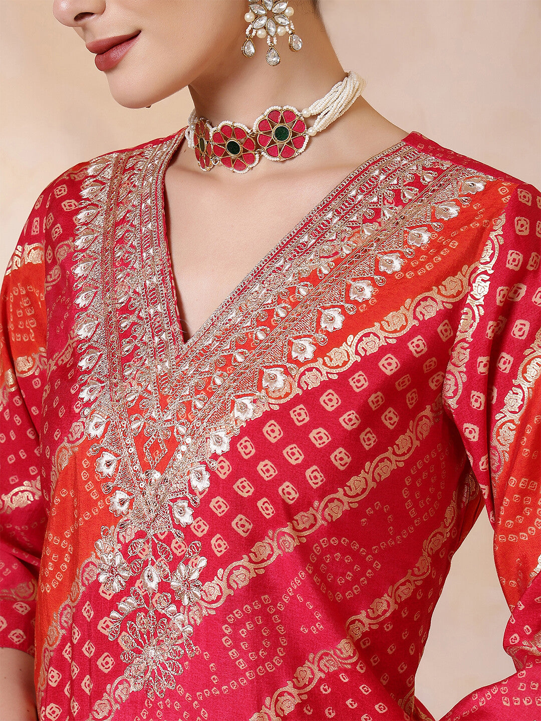 Bandhani Embroidered Straight Kurta & Trousers Sets