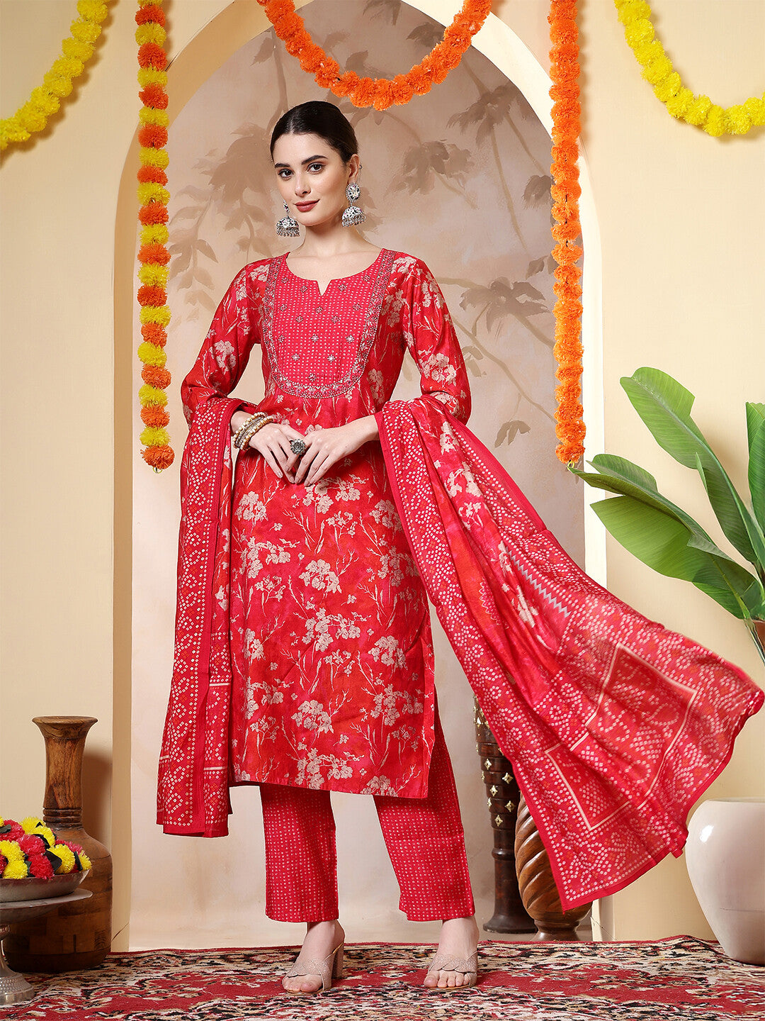 Floral Embroidered Straight Kurta & Trousers Sets
