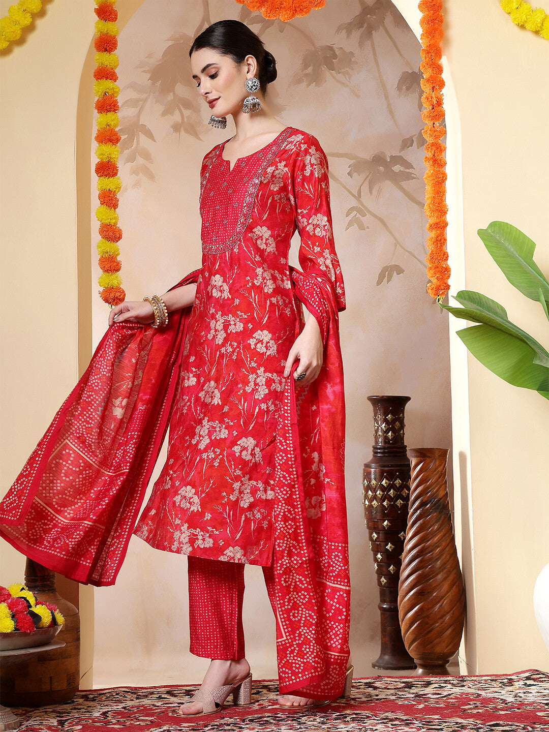 Floral Embroidered Straight Kurta & Trousers Sets