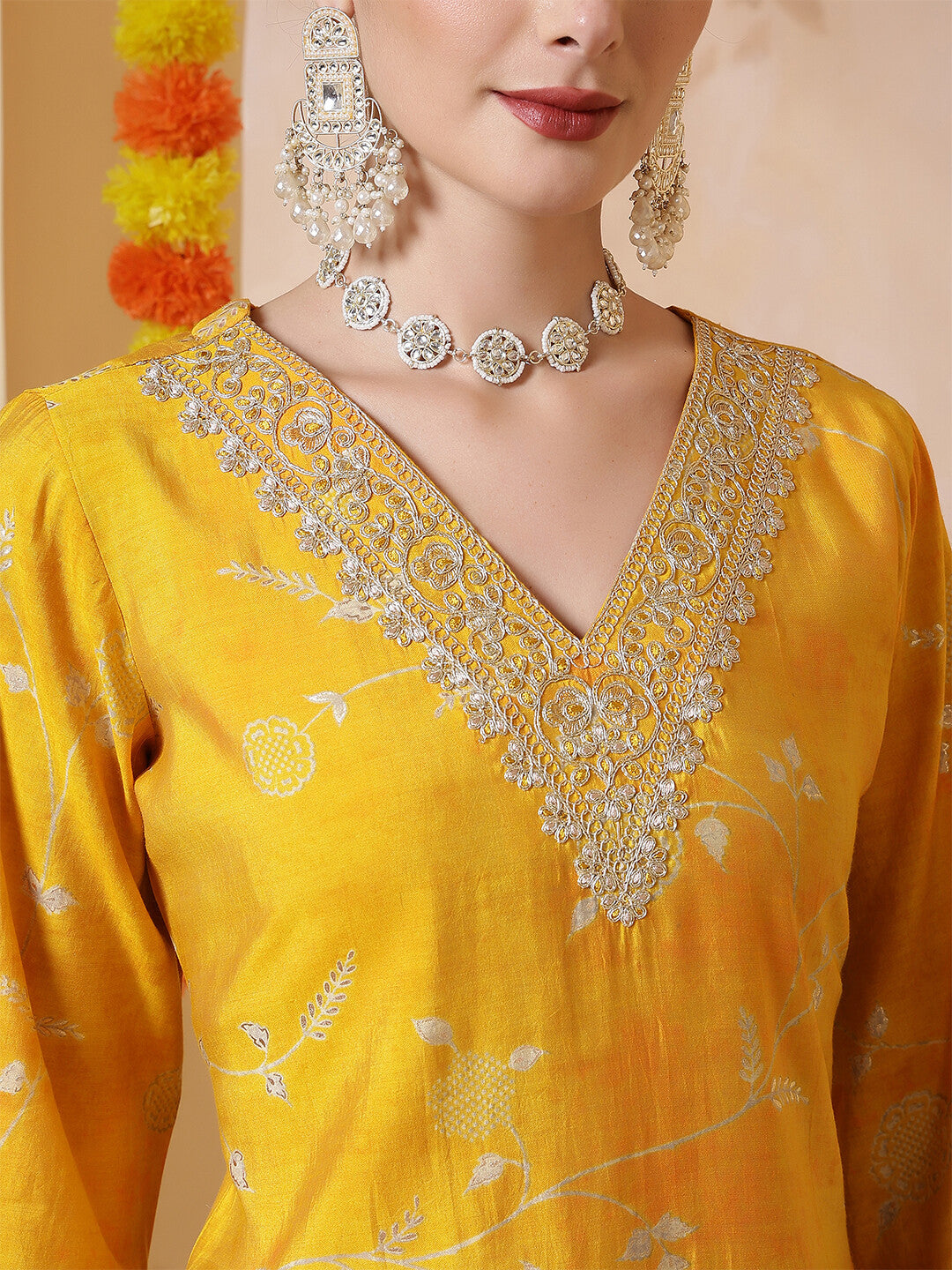 Floral Embroidered Straight Kurta & Trousers Sets