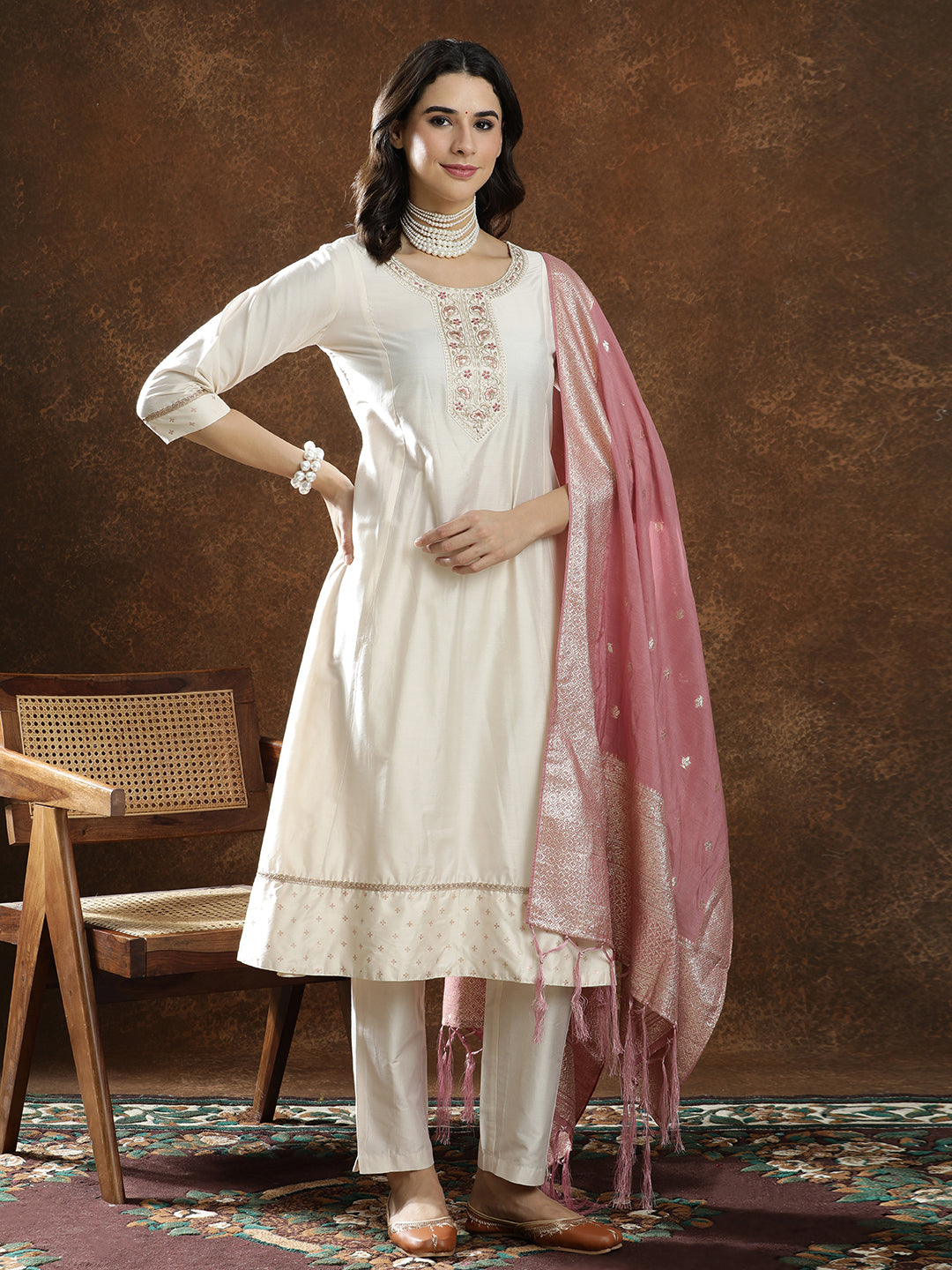 Floral Embroidered A-Line Kurta & Trousers Sets