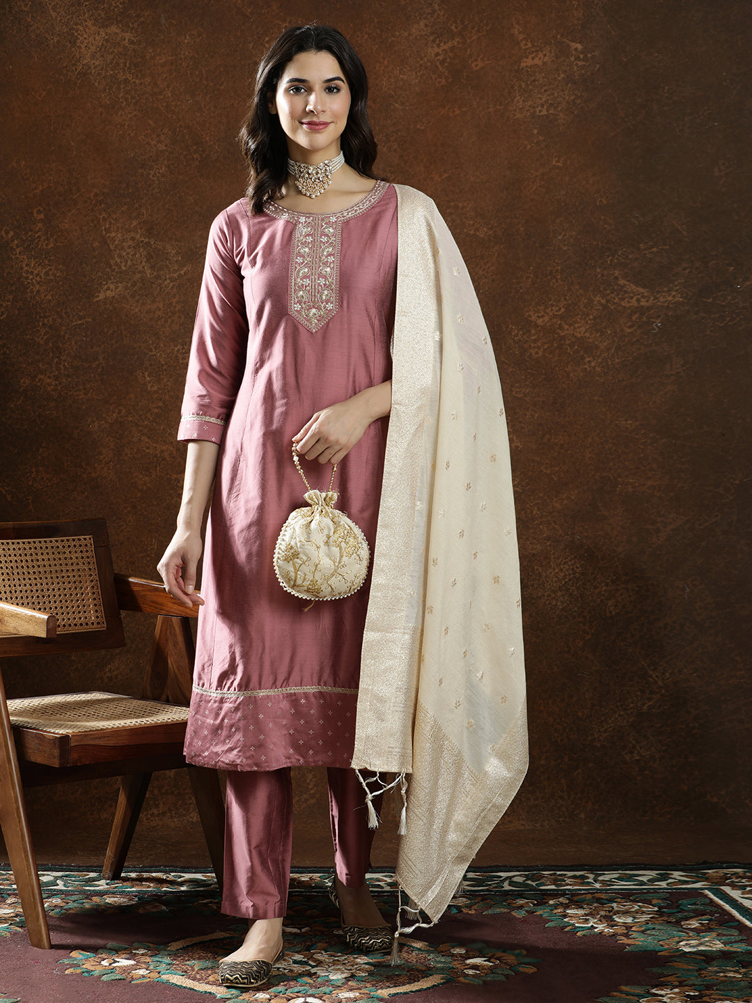 Floral Embroidered Straight Kurta & Trousers Sets