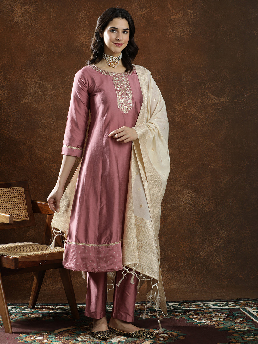 Floral Embroidered Straight Kurta & Trousers Sets