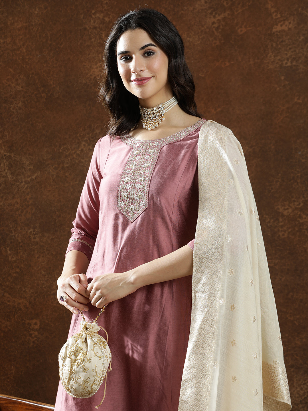 Floral Embroidered Straight Kurta & Trousers Sets