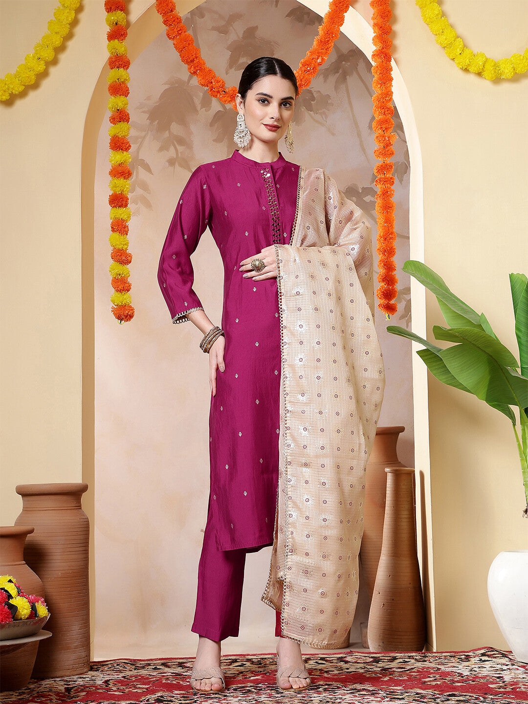 Floral Embroidered Straight Kurta & Trousers Sets