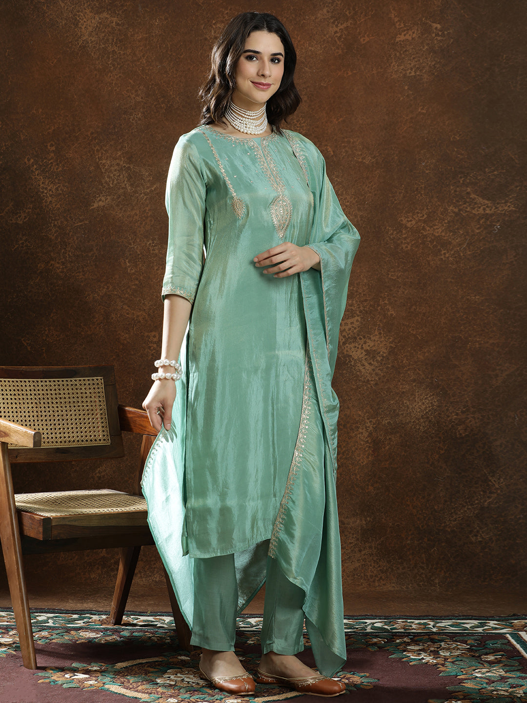 Floral Embroidered Straight Kurta & Trousers Sets