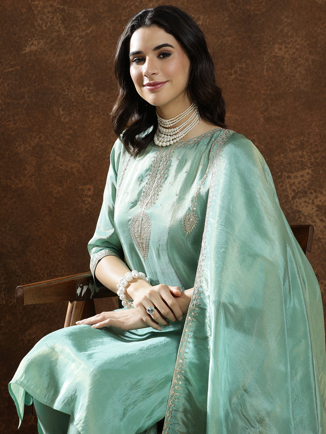 Floral Embroidered Straight Kurta & Trousers Sets