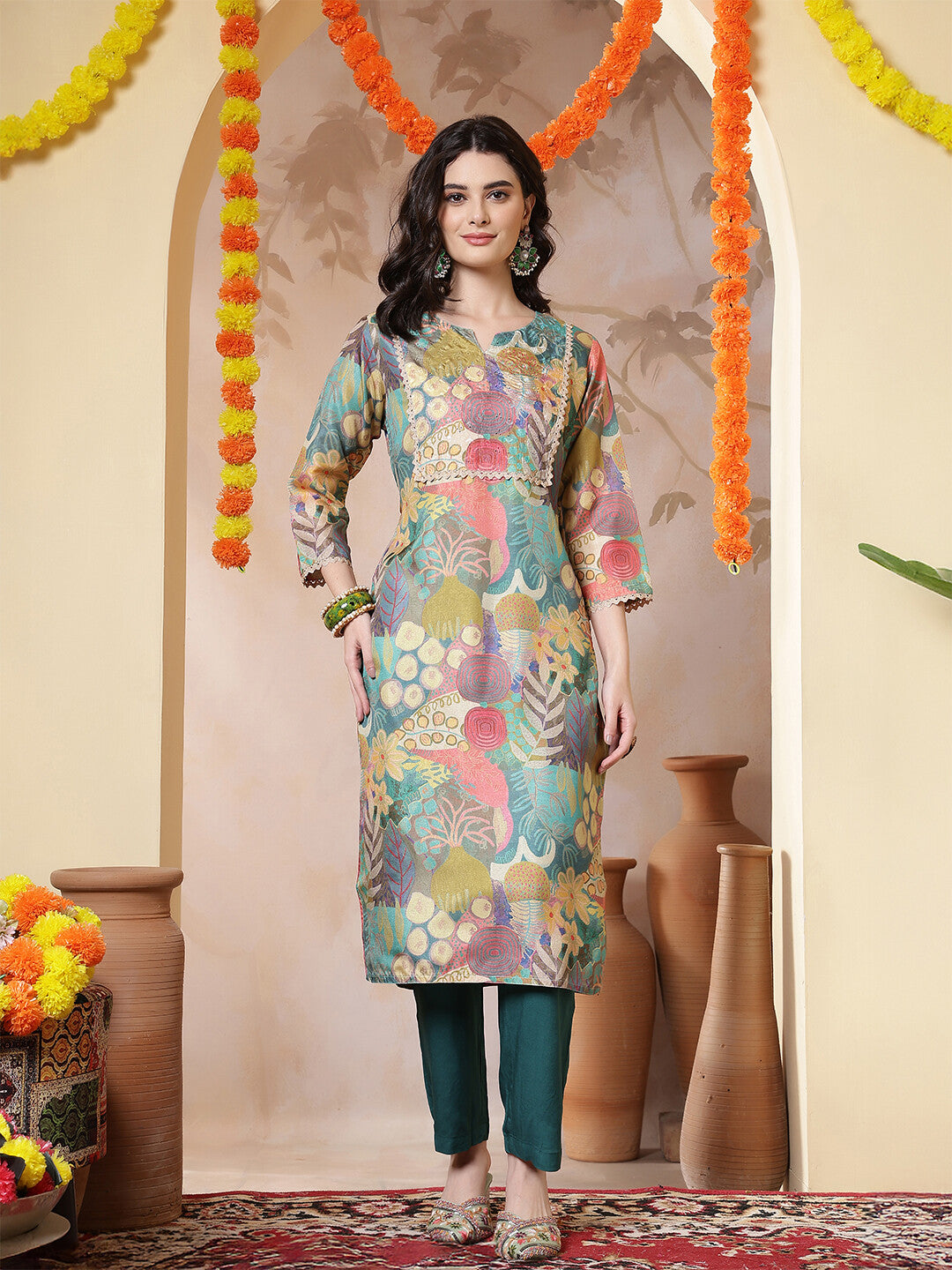 Floral Woven Design Straight Kurta