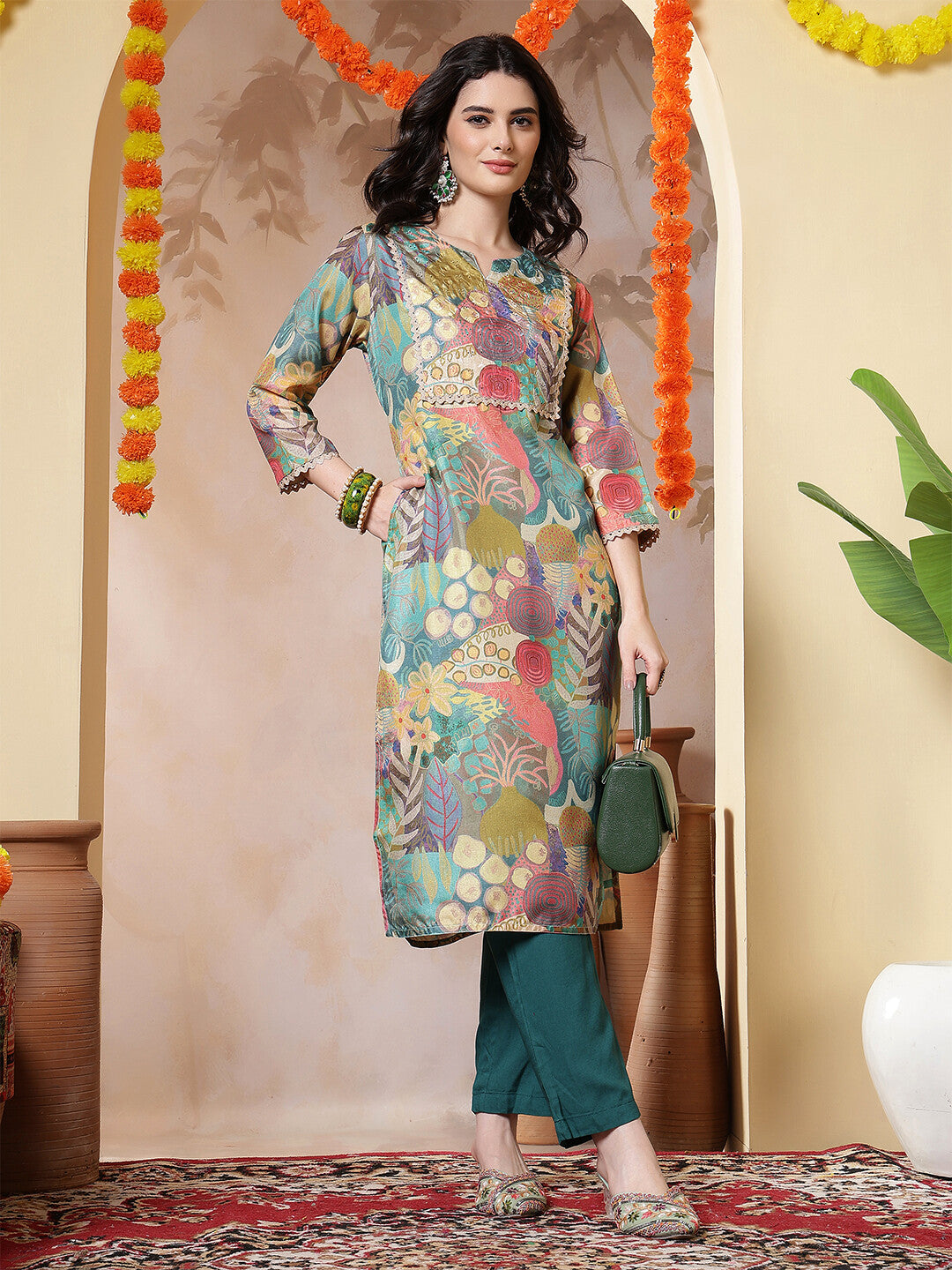 Floral Woven Design Straight Kurta
