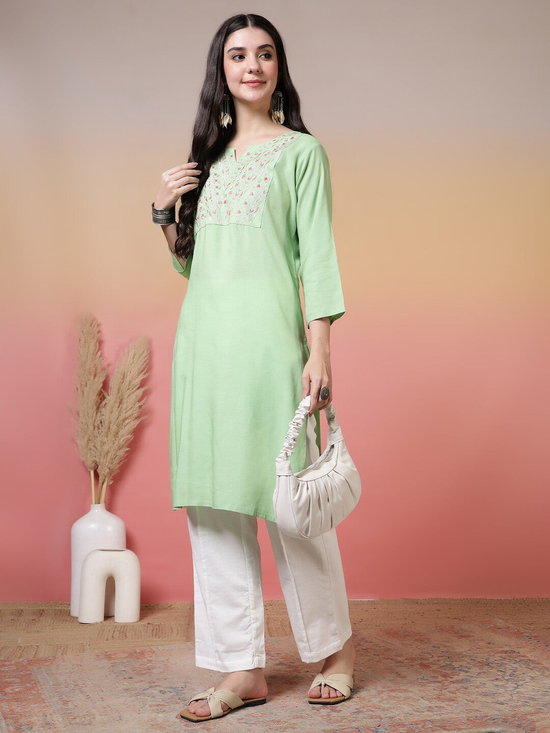Solid Embroidered Straight Kurta