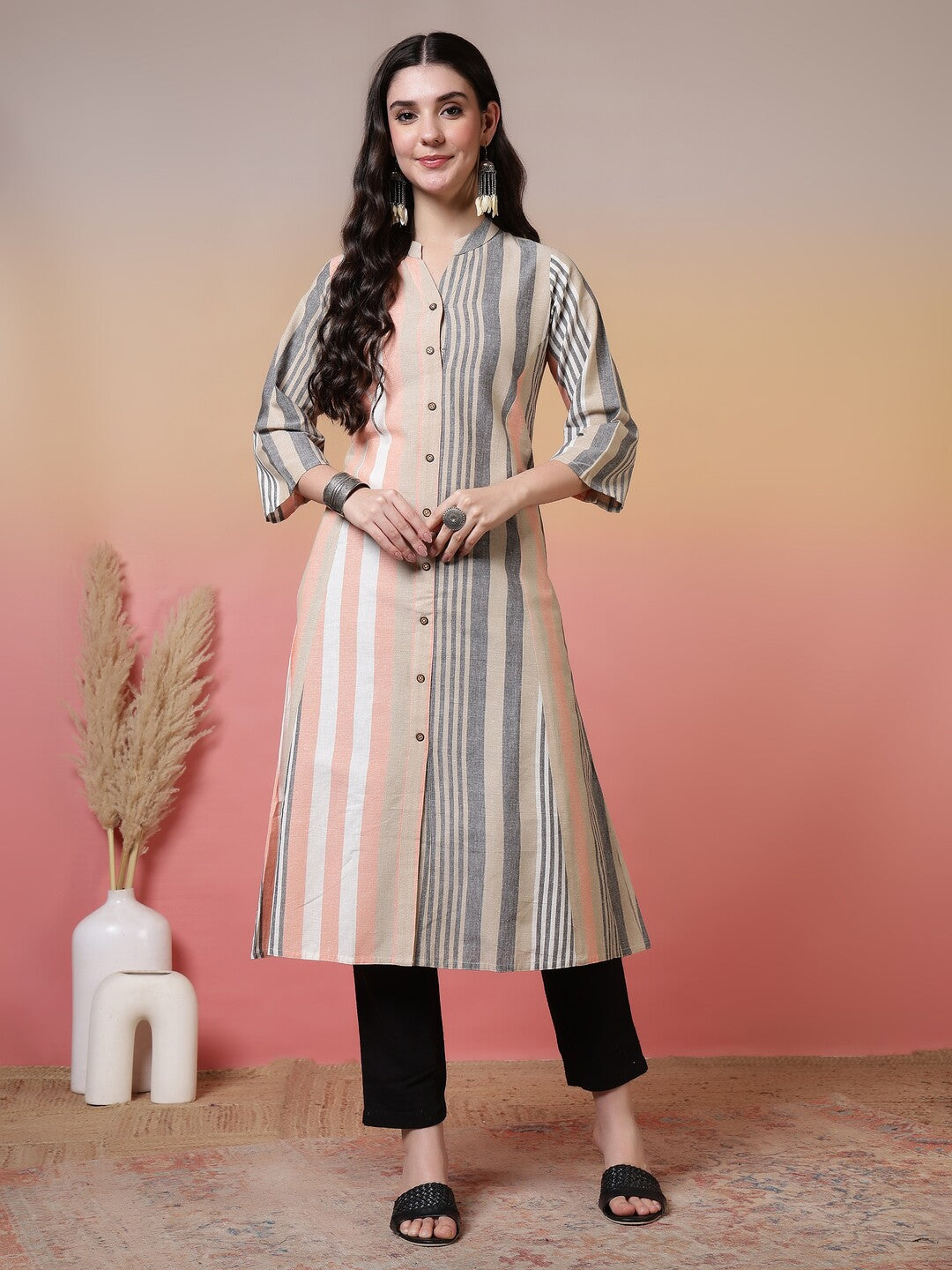Striped Printed Straight Pure Cotton Kurta