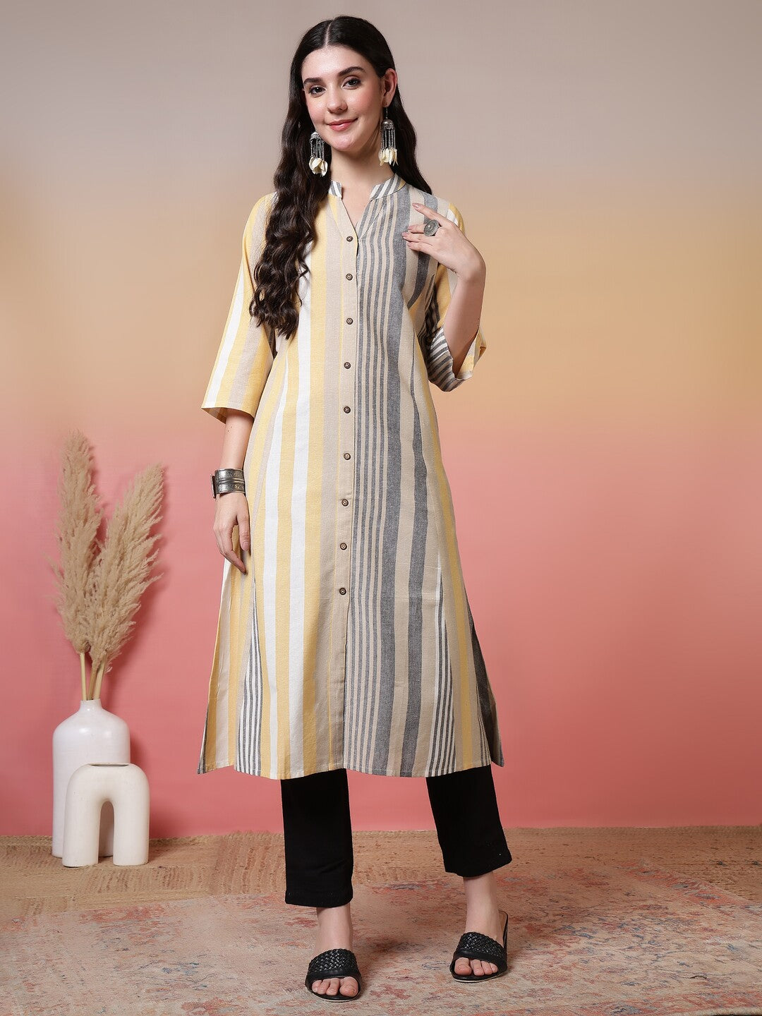 Striped Printed Straight Pure Cotton Kurta