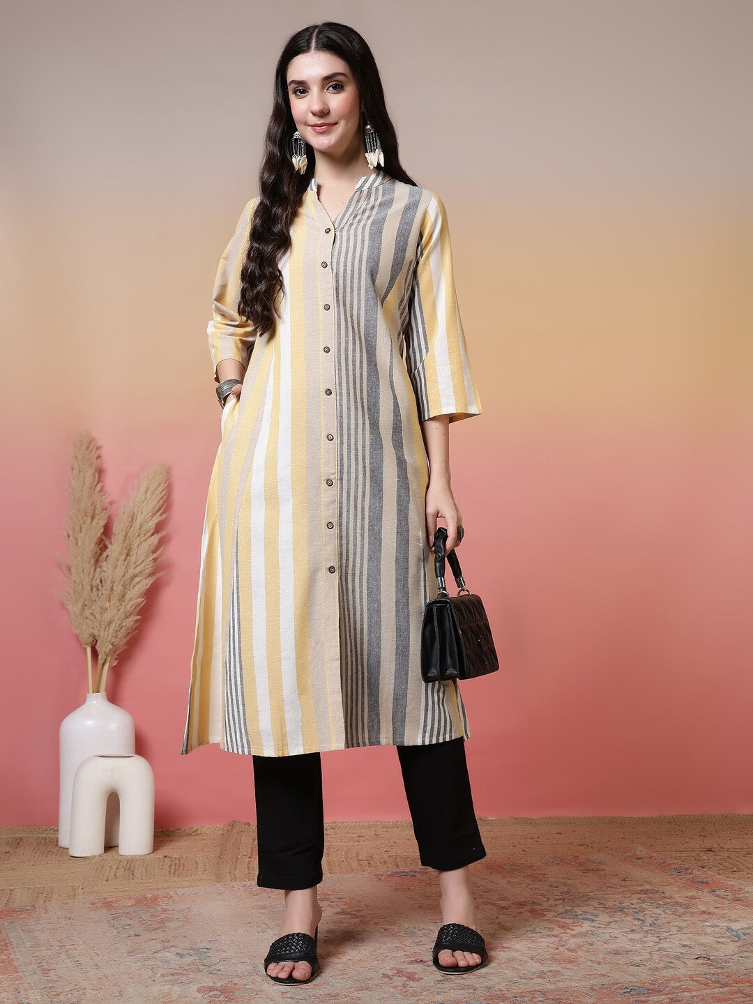 Striped Printed Straight Pure Cotton Kurta