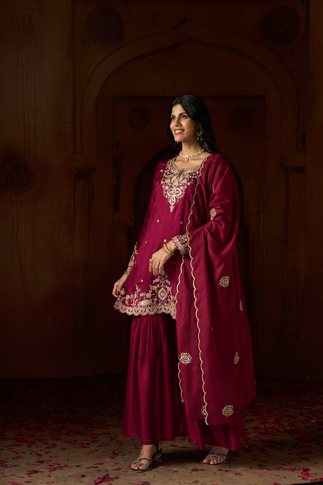 Floral Embroidered A-Line Silk Blend Kurta & Sharara Sets