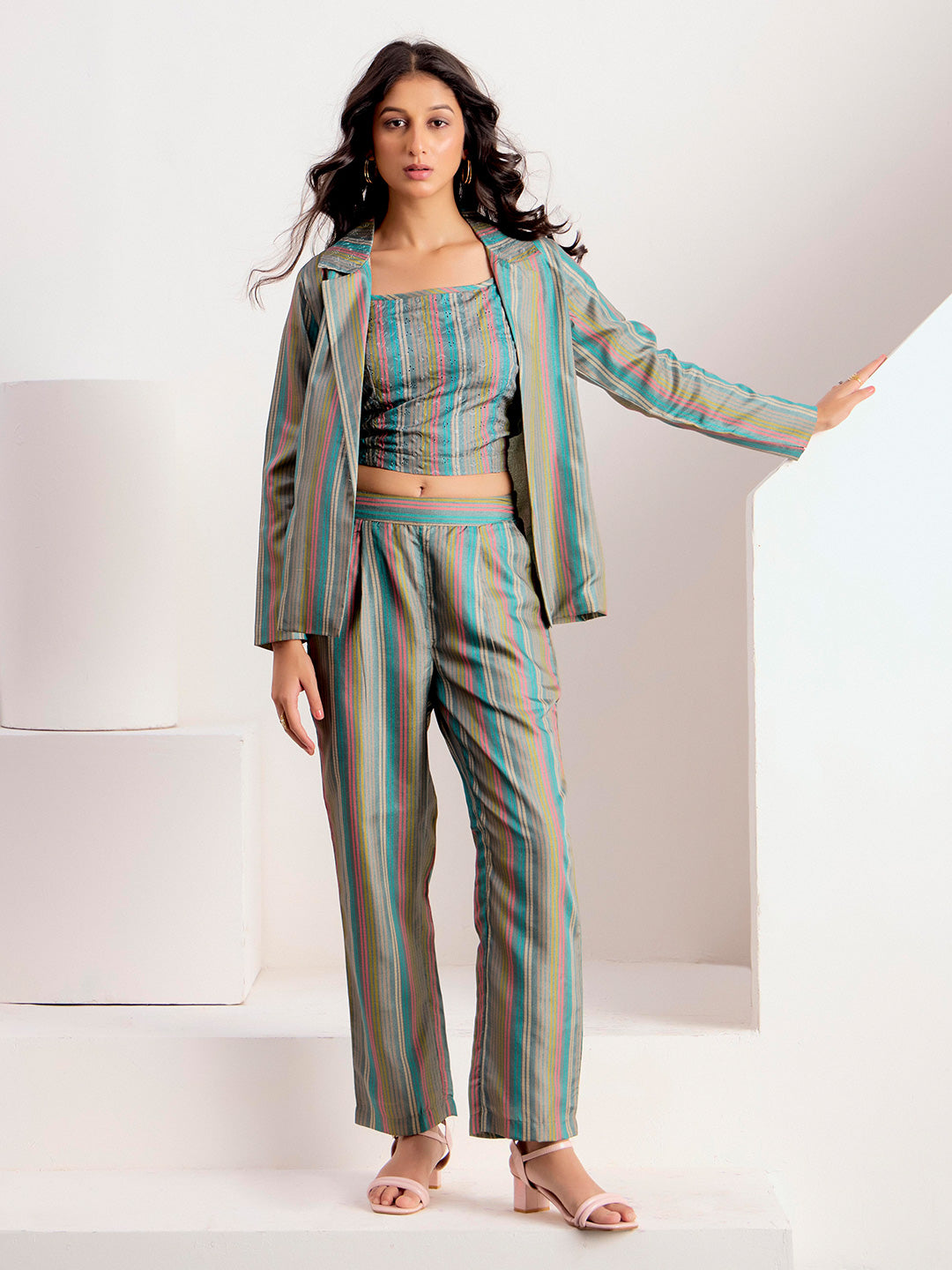 Striped Printed Straight Polyester Top & Trousers Sets