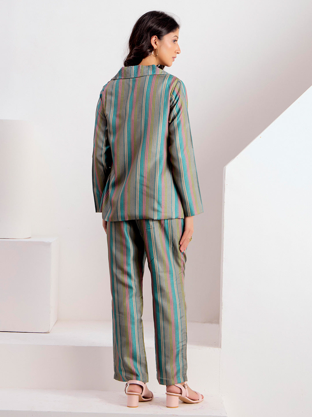 Striped Printed Straight Polyester Top & Trousers Sets