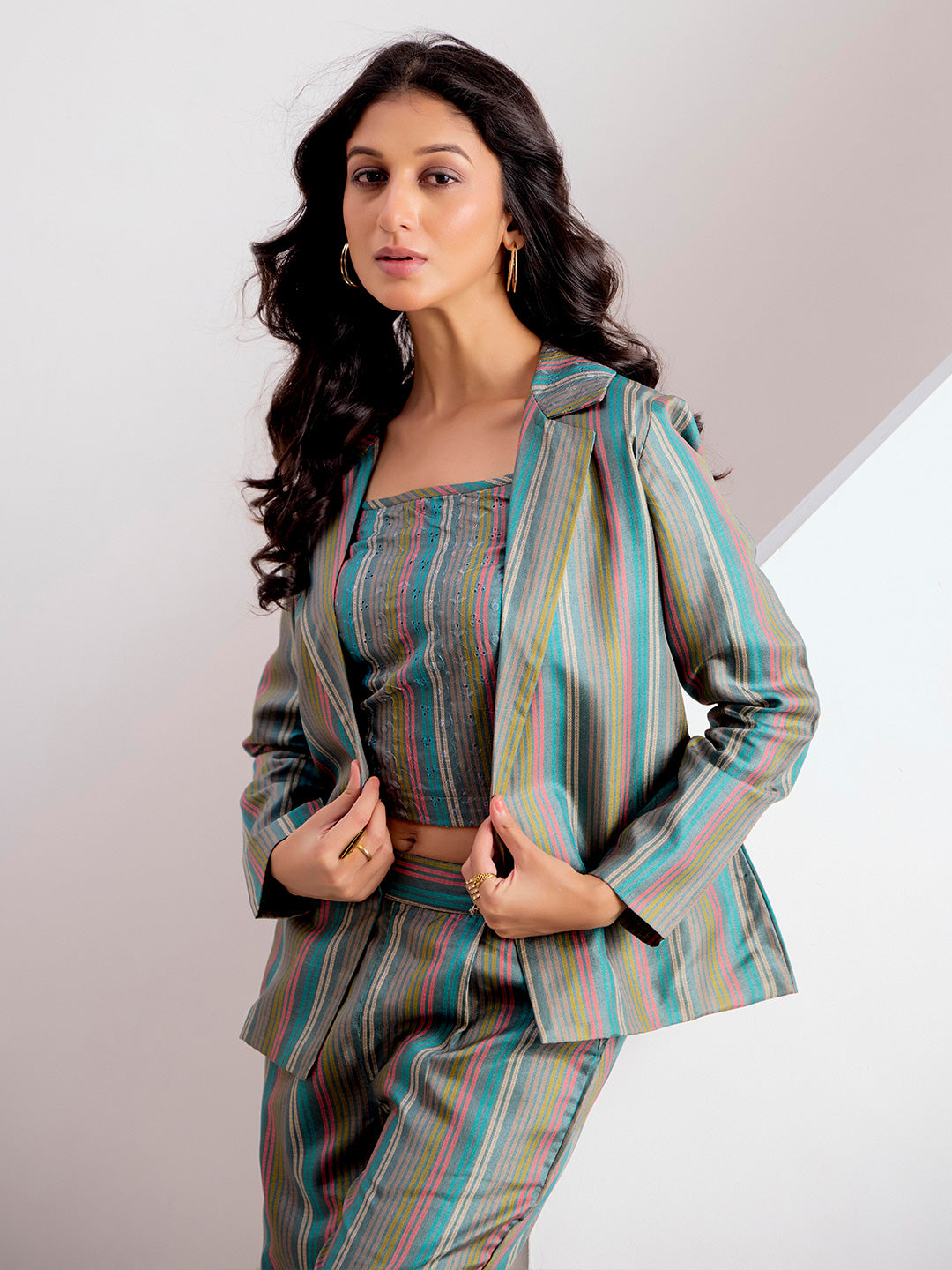 Striped Printed Straight Polyester Top & Trousers Sets