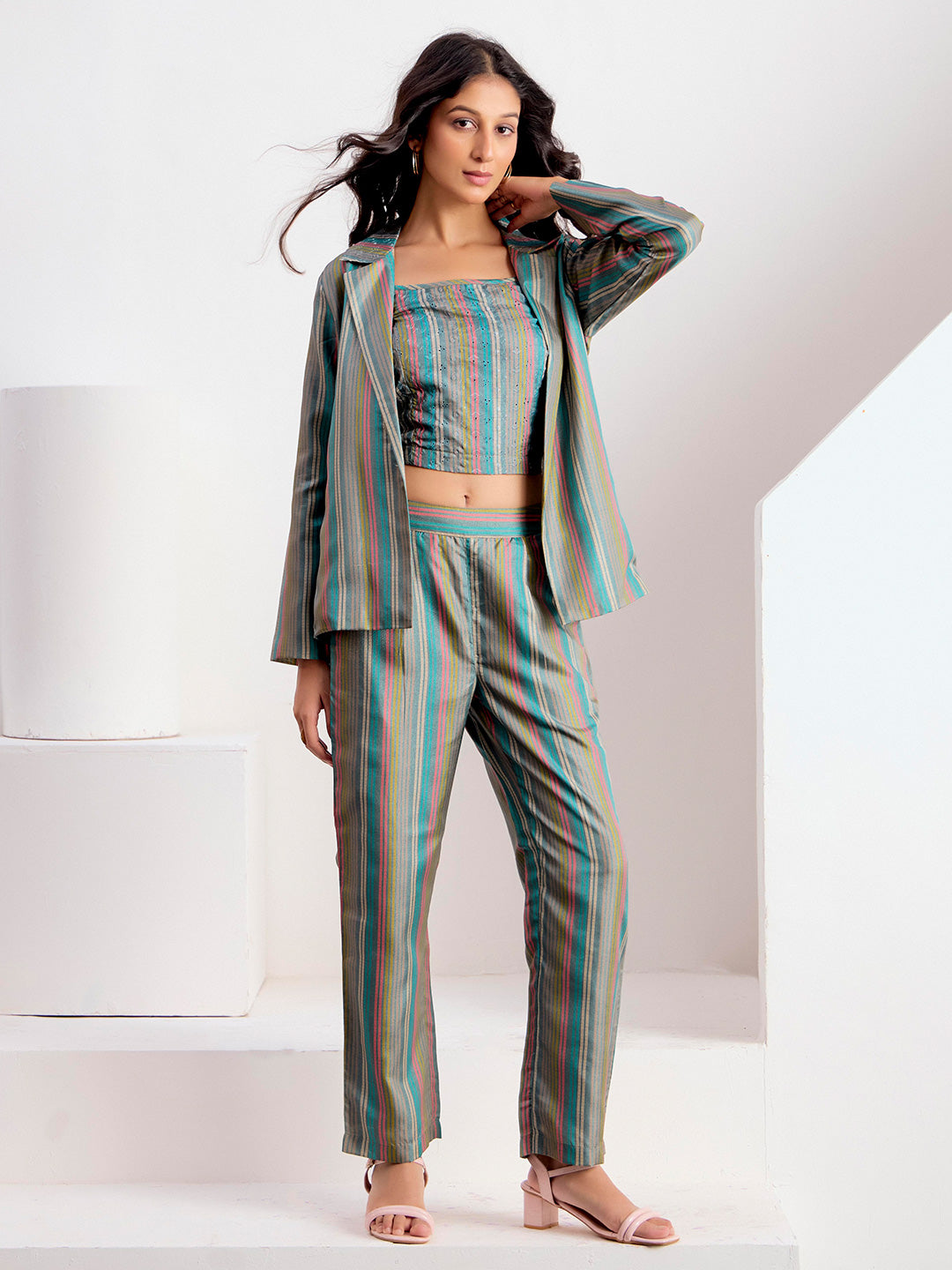 Striped Printed Straight Polyester Top & Trousers Sets