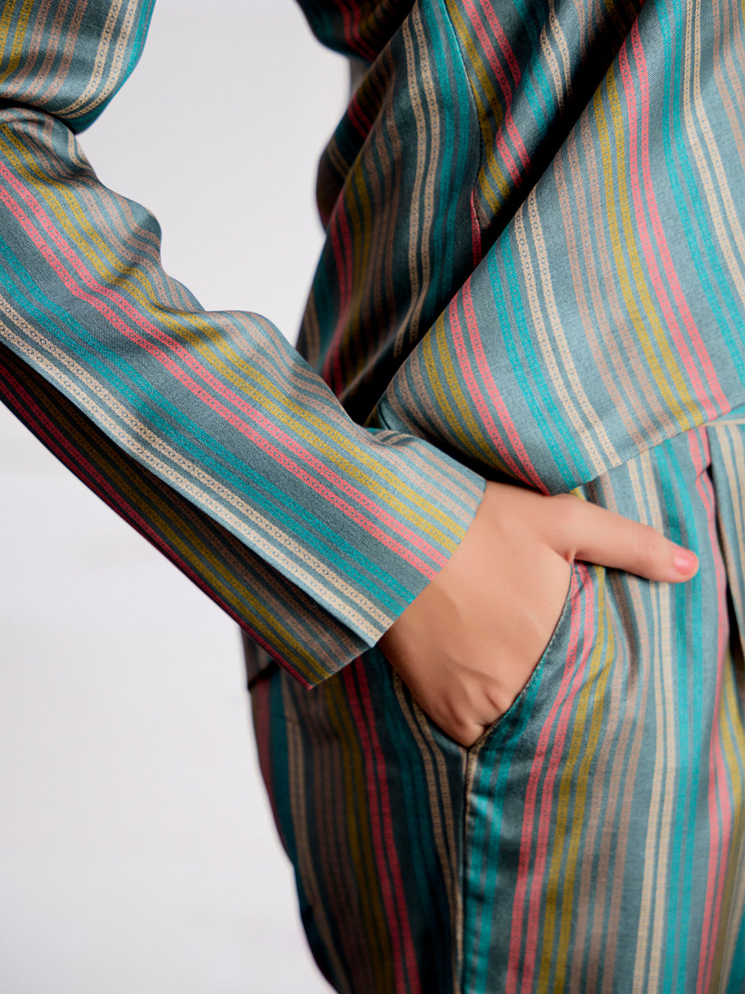 Striped Printed Straight Polyester Top & Trousers Sets