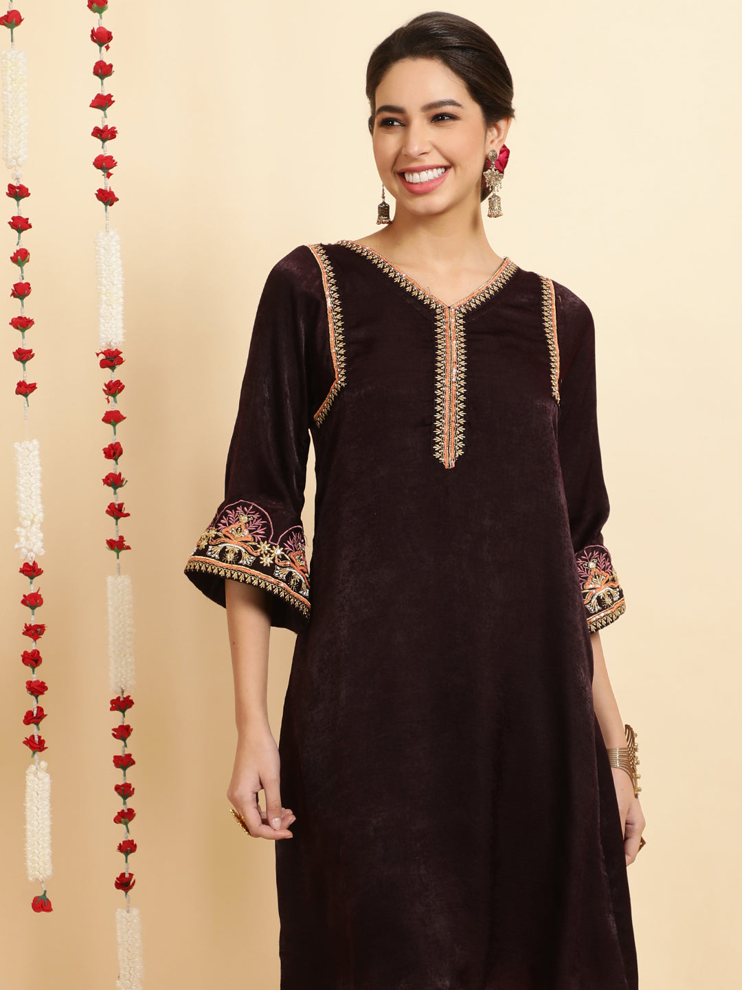Wine Zardozi Pakistani Velvet Kurta