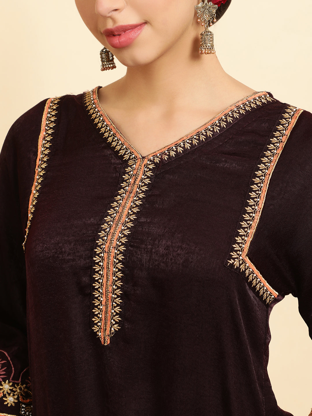 Wine Zardozi Pakistani Velvet Kurta