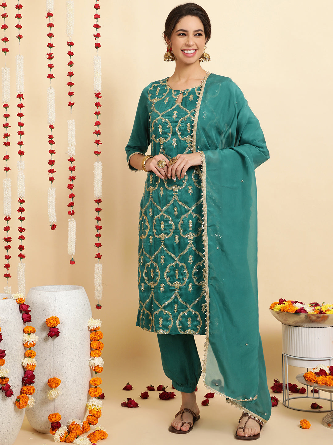 Sea Green Velvet Kurta With Afghani Salwaar With Dupatta