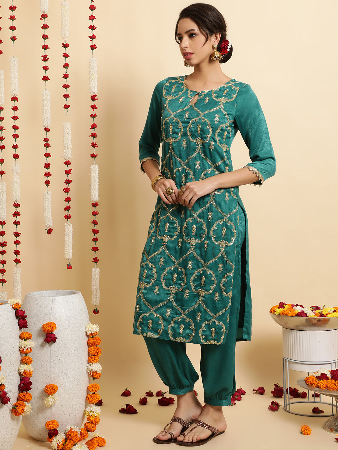 Sea Green Velvet Kurta With Afghani Salwaar With Dupatta