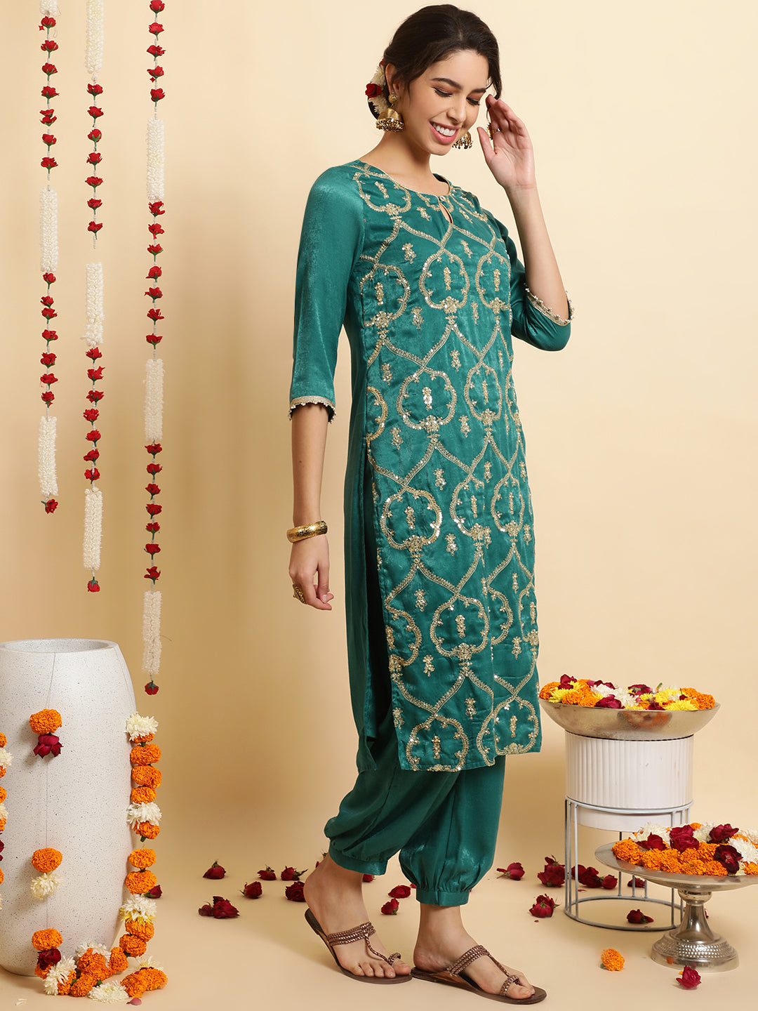 Sea Green Velvet Kurta With Afghani Salwaar With Dupatta