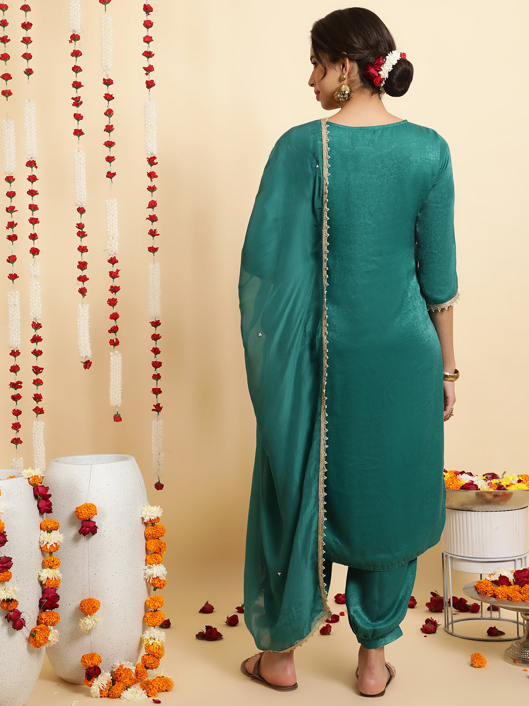 Sea Green Velvet Kurta With Afghani Salwaar With Dupatta