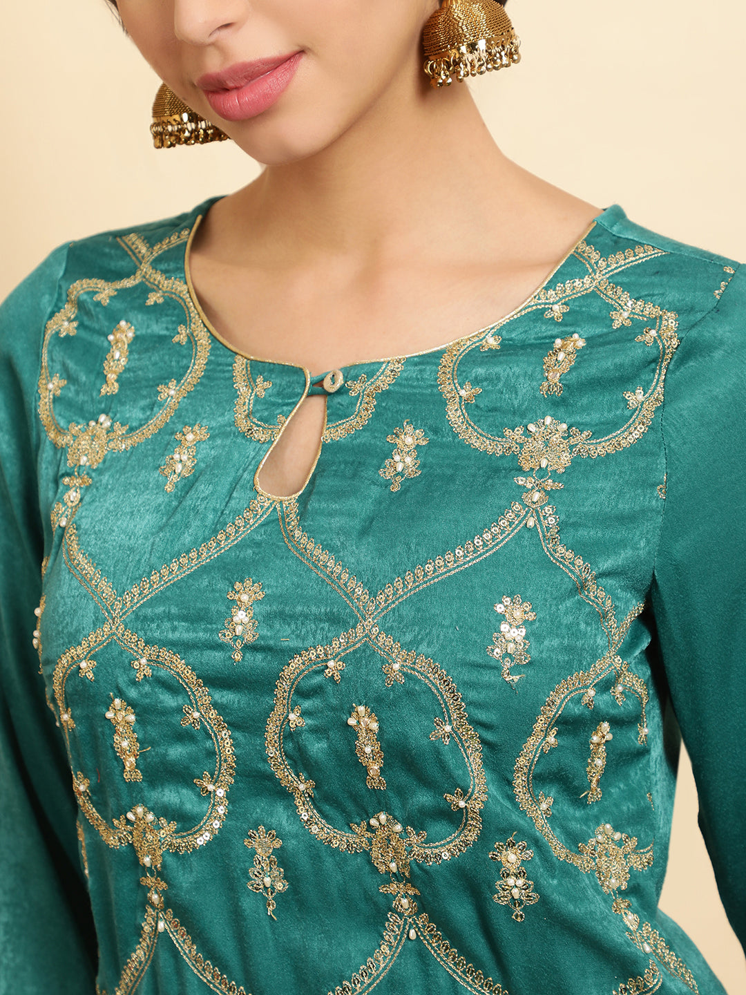 Sea Green Velvet Kurta With Afghani Salwaar With Dupatta