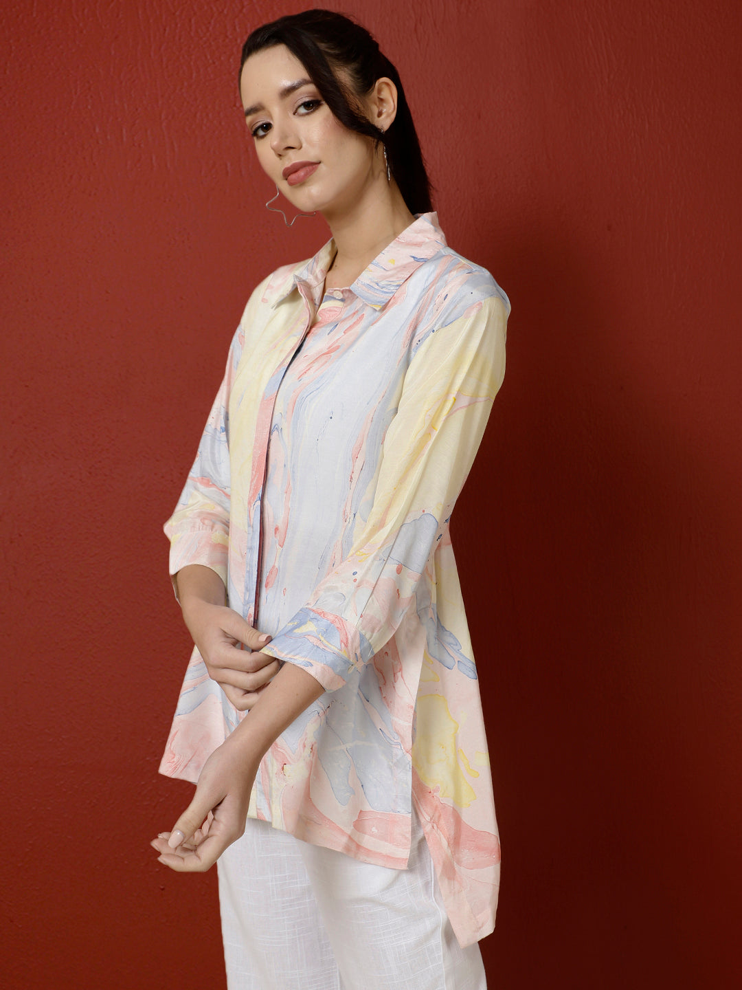 Blue Marble Print Asymmetric Shirt