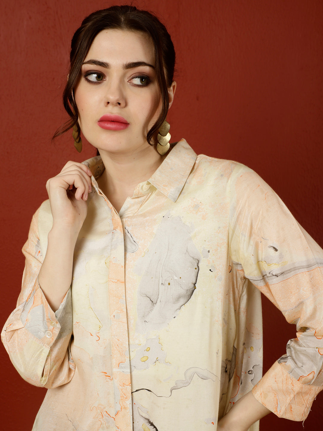 Peach Marble Print Asymmetric Shirt