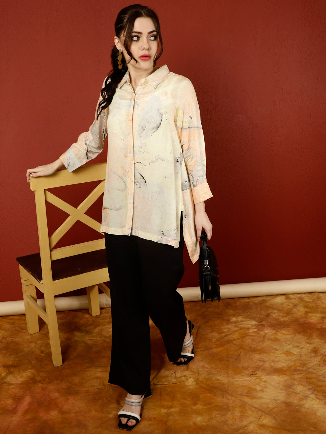 Peach Marble Print Asymmetric Shirt