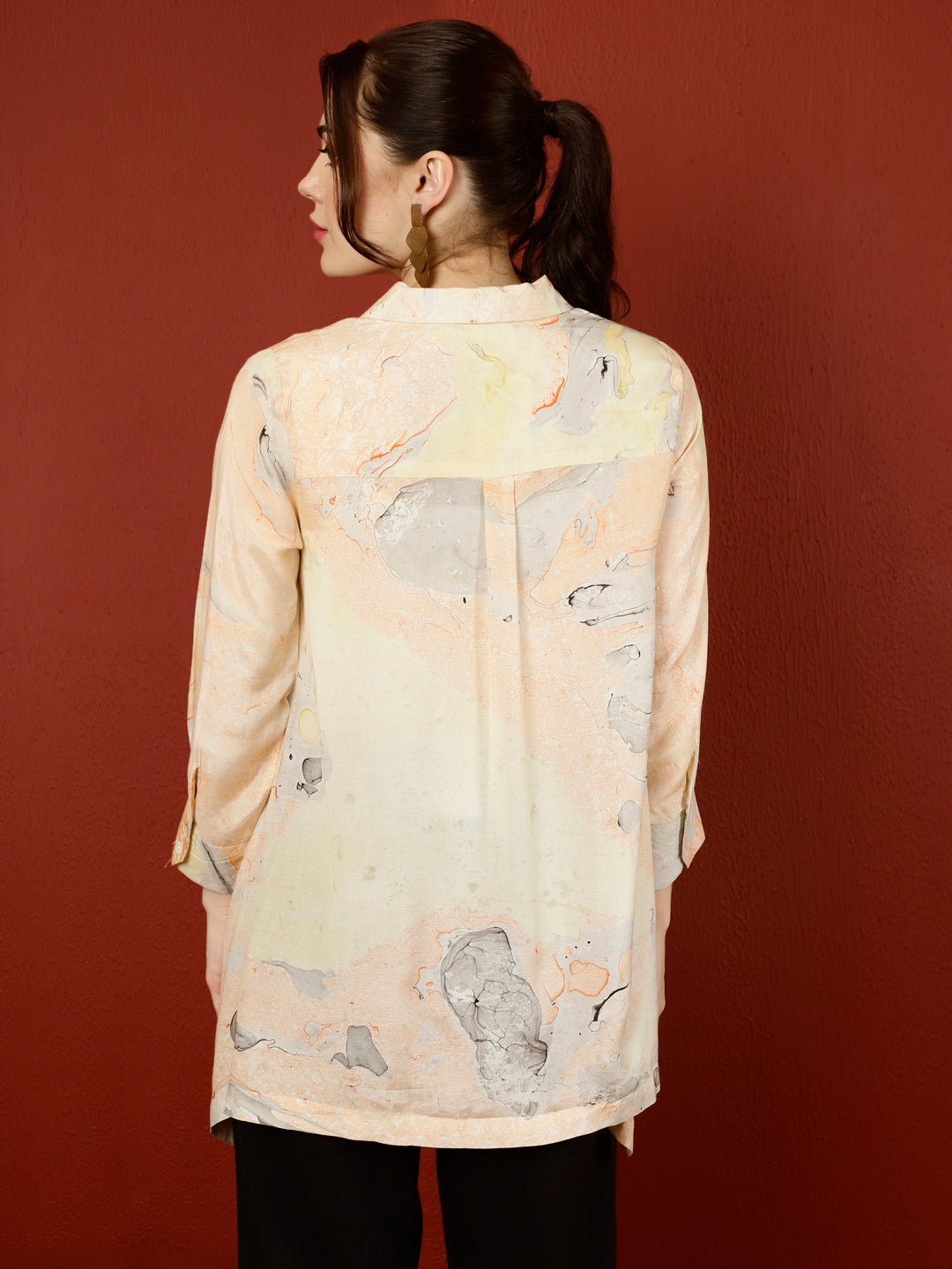 Peach Marble Print Asymmetric Shirt