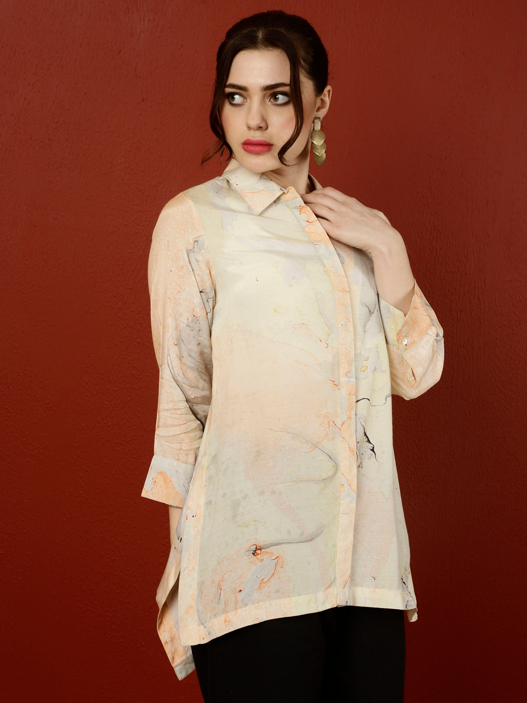 Peach Marble Print Asymmetric Shirt