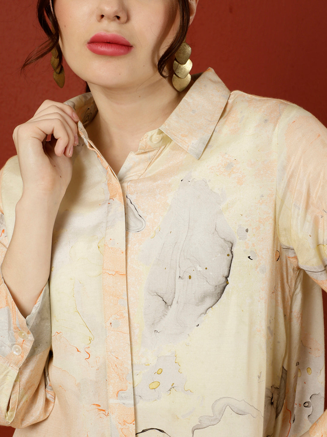 Peach Marble Print Asymmetric Shirt