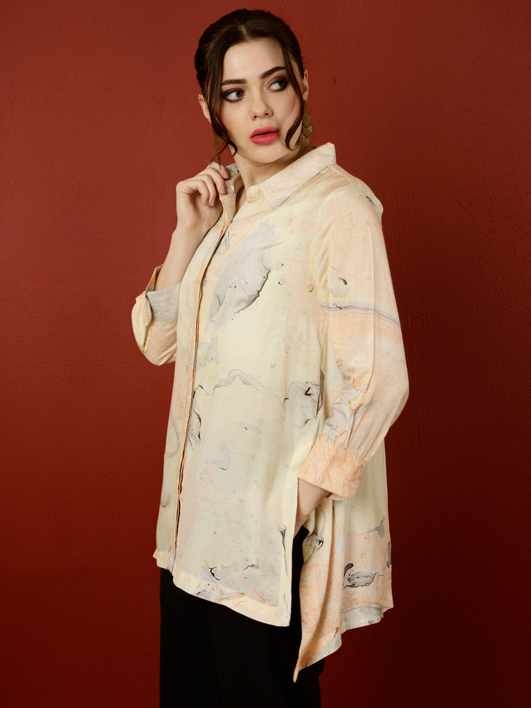 Peach Marble Print Asymmetric Shirt