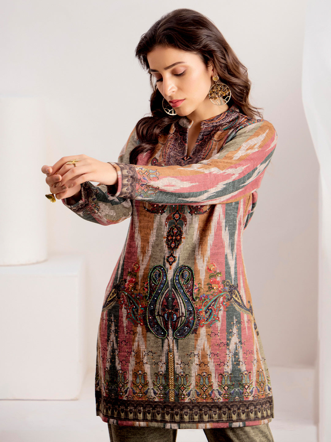 Ethnic Motifs Embroidered Straight Wool Blend Top & Trousers Sets