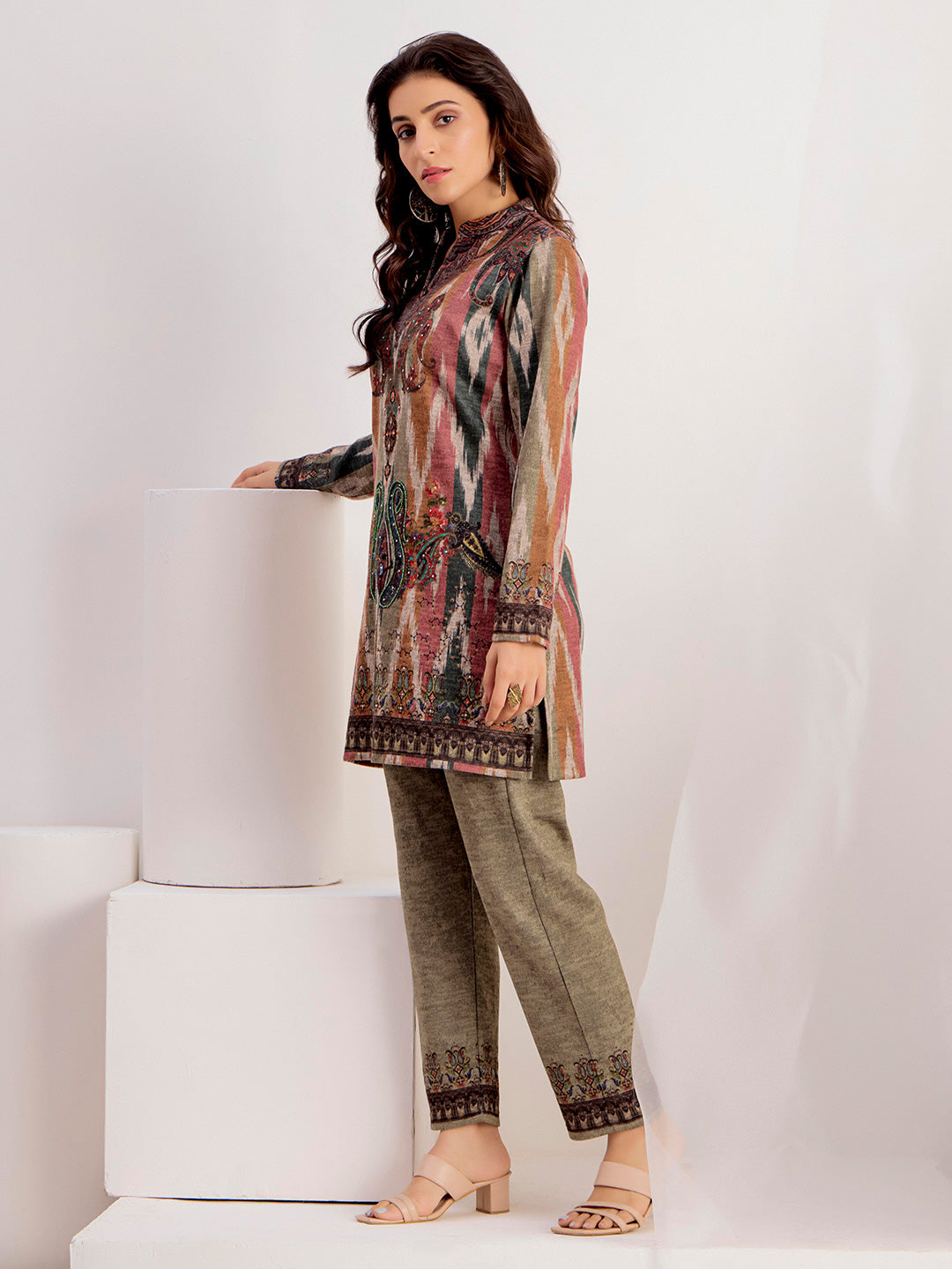 Ethnic Motifs Embroidered Straight Wool Blend Top & Trousers Sets