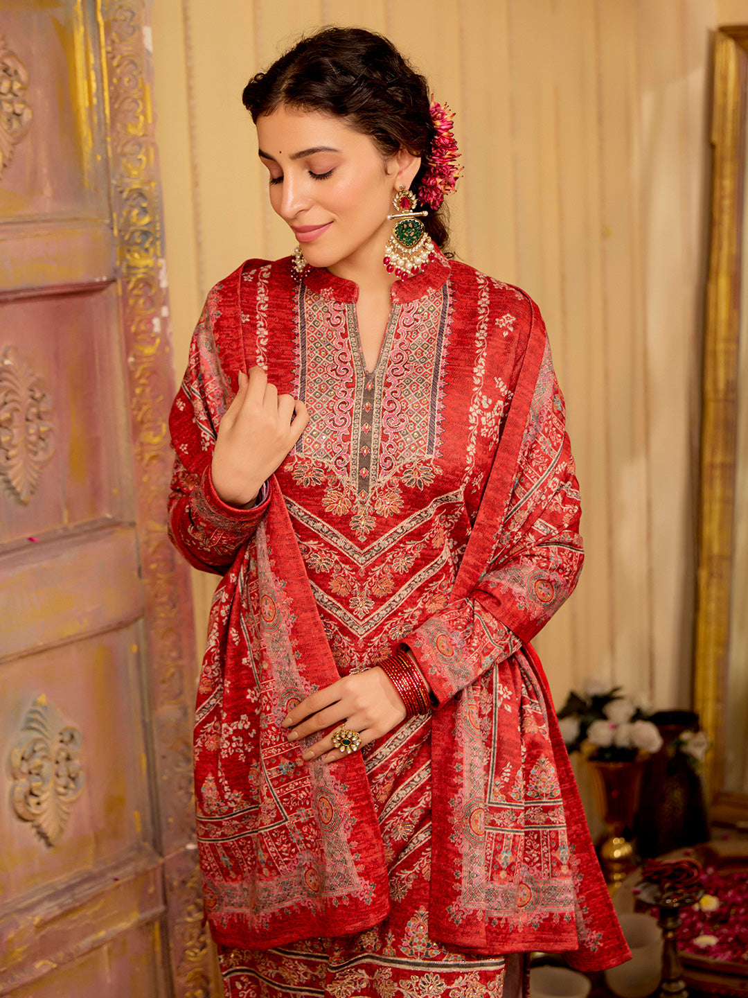 Ethnic Motifs Embroidered A-Line Wool Blend Kurta & Trousers Sets