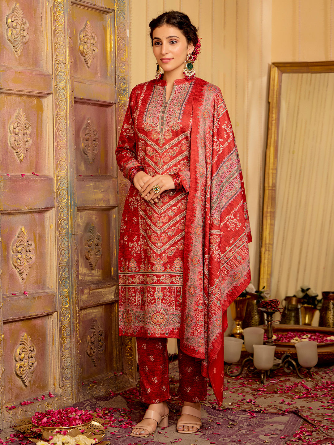 Ethnic Motifs Embroidered A-Line Wool Blend Kurta & Trousers Sets