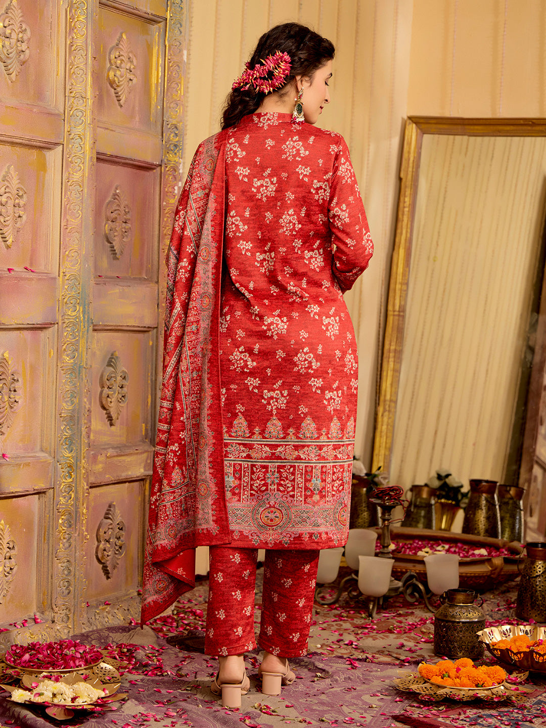 Ethnic Motifs Embroidered A-Line Wool Blend Kurta & Trousers Sets
