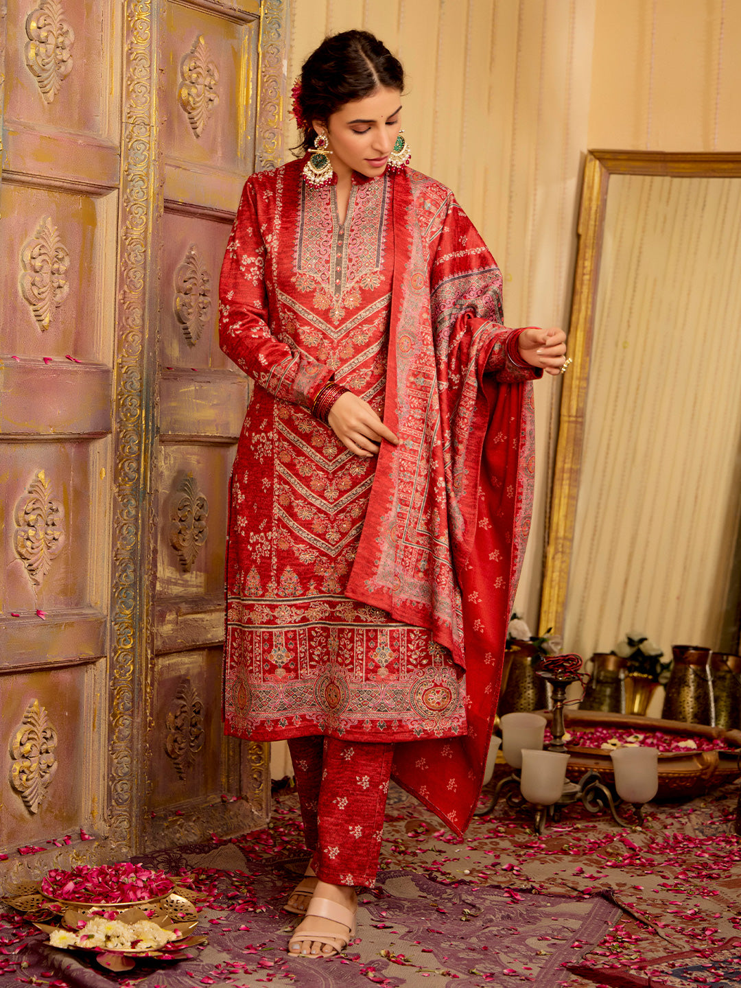 Ethnic Motifs Embroidered A-Line Wool Blend Kurta & Trousers Sets