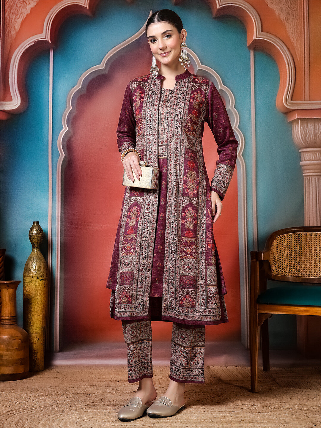 Floral Embroidered A-Line Winter Wear Kurta & Trousers Sets