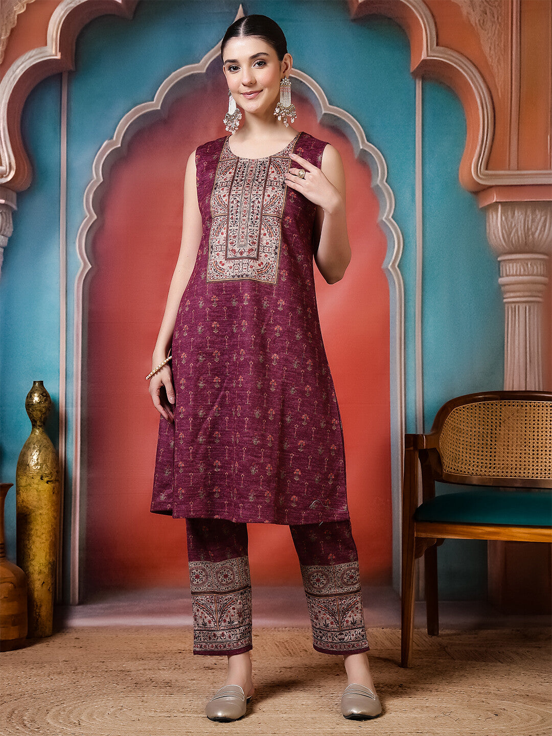 Floral Embroidered A-Line Winter Wear Kurta & Trousers Sets
