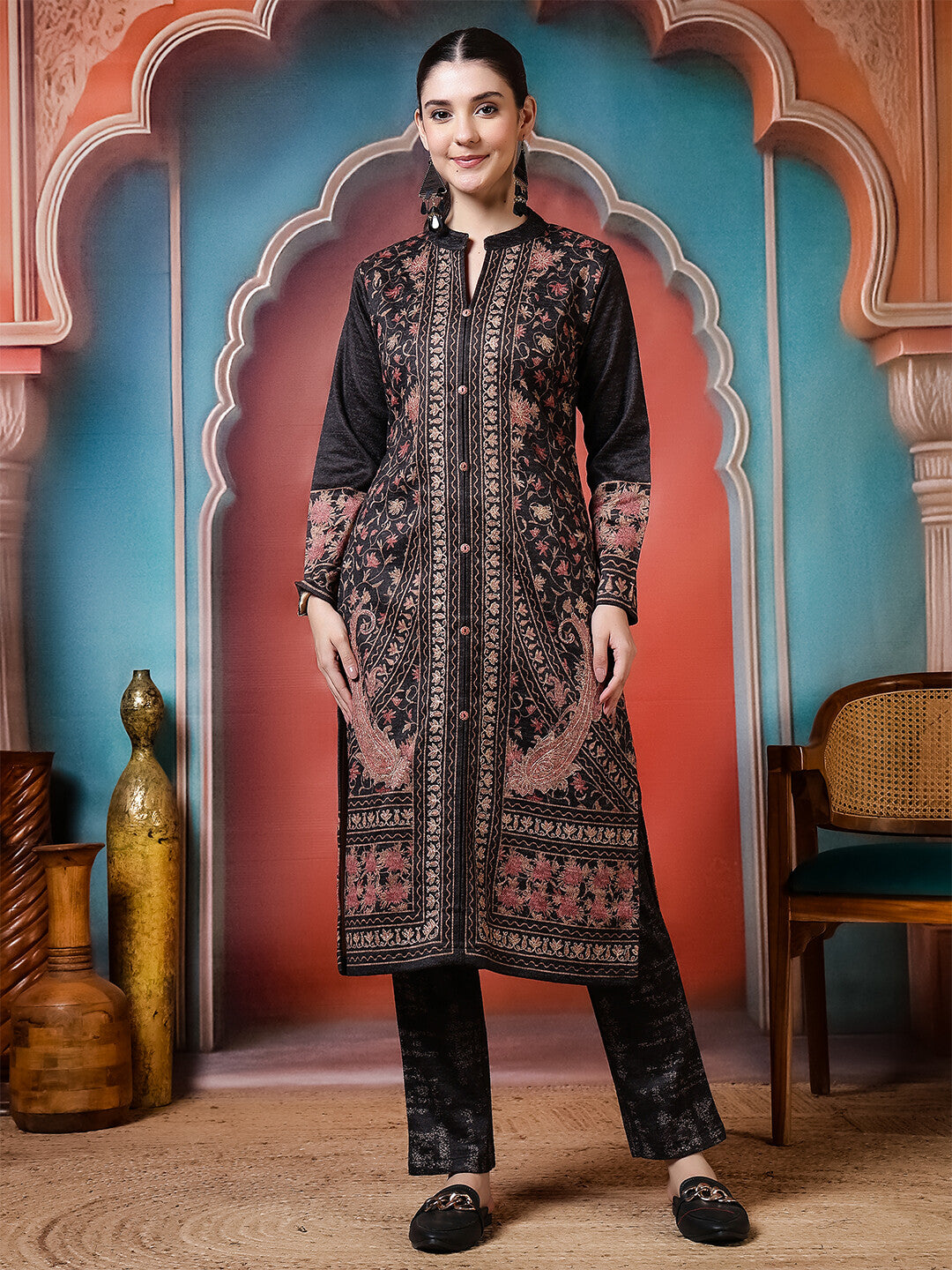 Floral Woven Design A-Line Winter Wear Kurta & Trousers Sets