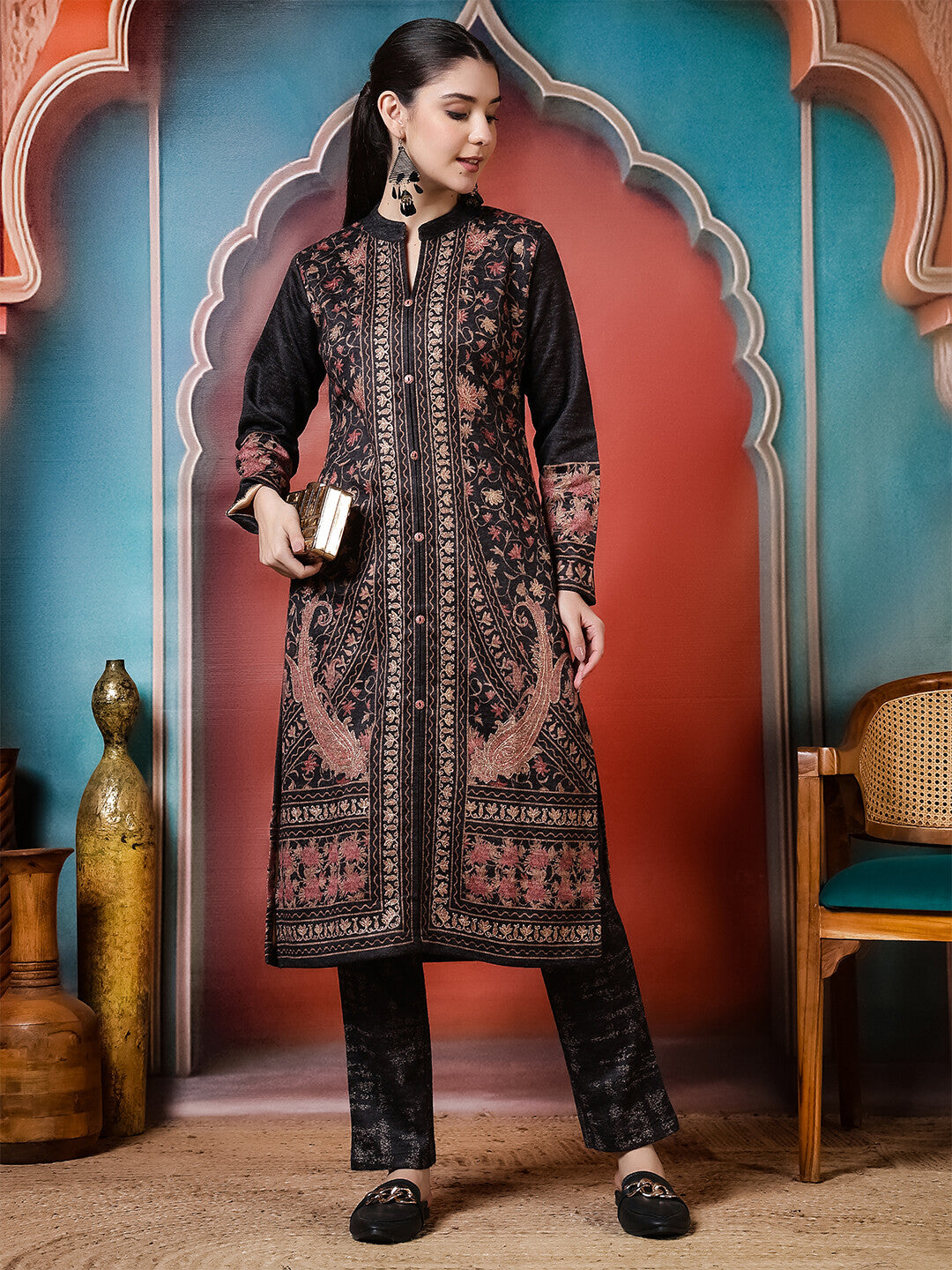Floral Woven Design A-Line Winter Wear Kurta & Trousers Sets