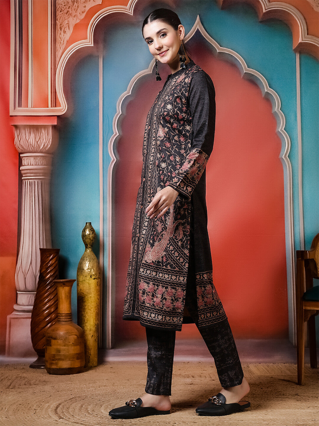 Floral Woven Design A-Line Winter Wear Kurta & Trousers Sets