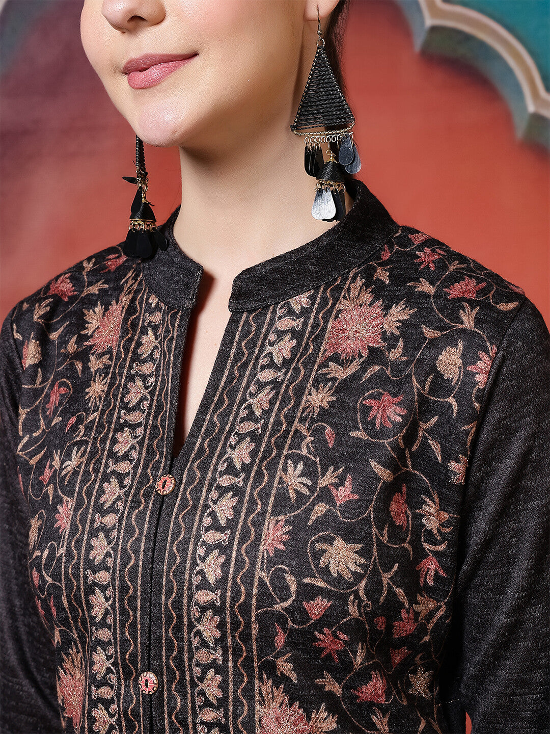 Floral Woven Design A-Line Winter Wear Kurta & Trousers Sets